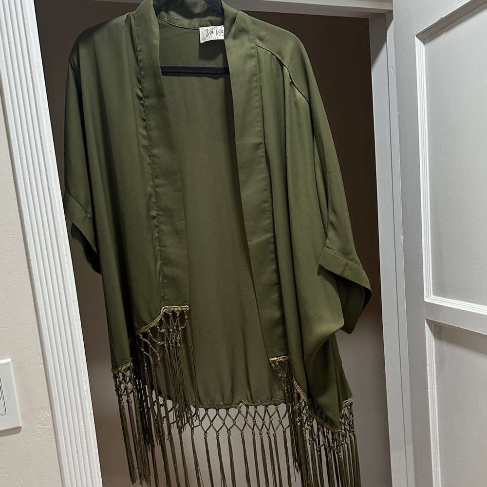 Vava by Joy Han Olive Kimono with Fringe